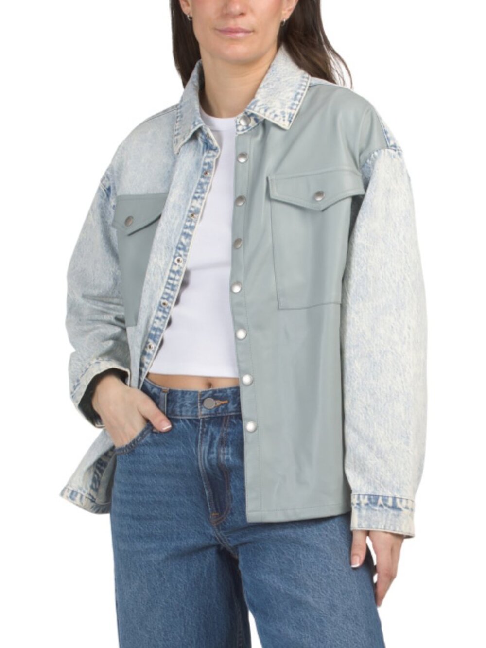 BLUE REVIVAL Denim Mix Media Faux Leather Shacket